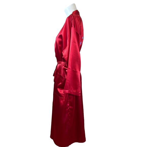 Blloomingdale's Red Floral Embroidered on Back Satin Kimono Robe One Size - Picture 5 of 10